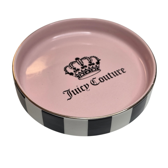 Juicy Couture Other - Juicy Couture Pink Crown Trinket Tray Ceramic Black & White Striped Jewelry Dish